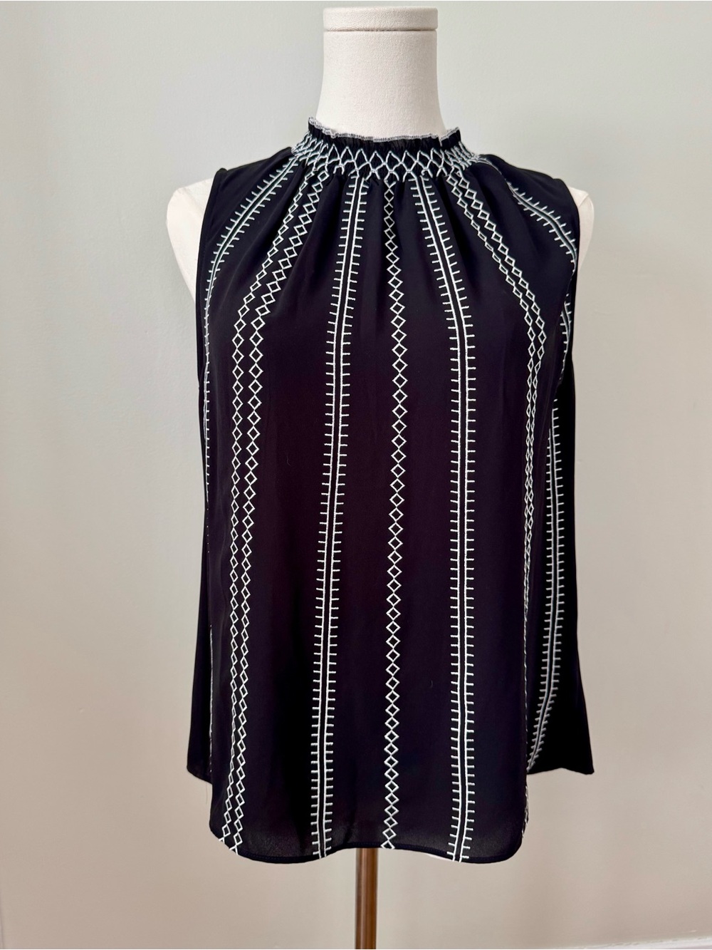 White House Black Market Smocked Mock Neck Embroidered Blouse - NWT